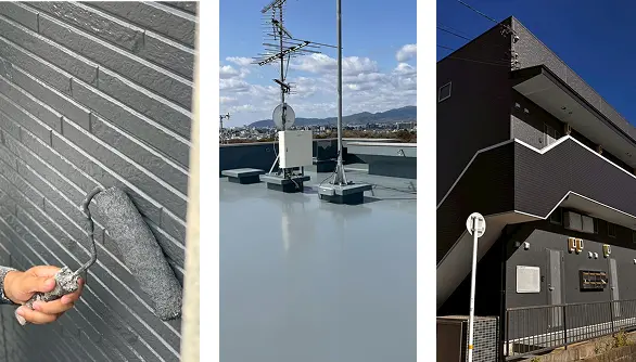 外壁にローラーで黒い塗料を塗っている作業中の様子など